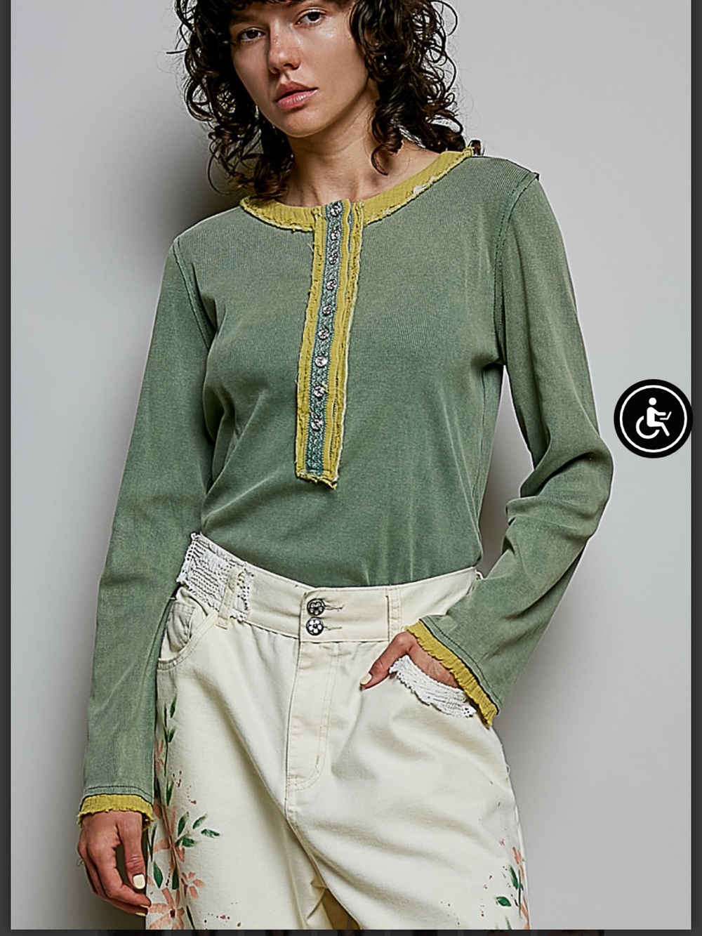 POL Washed Green Long-Sleeve Henley Top with Chartreuse Trim